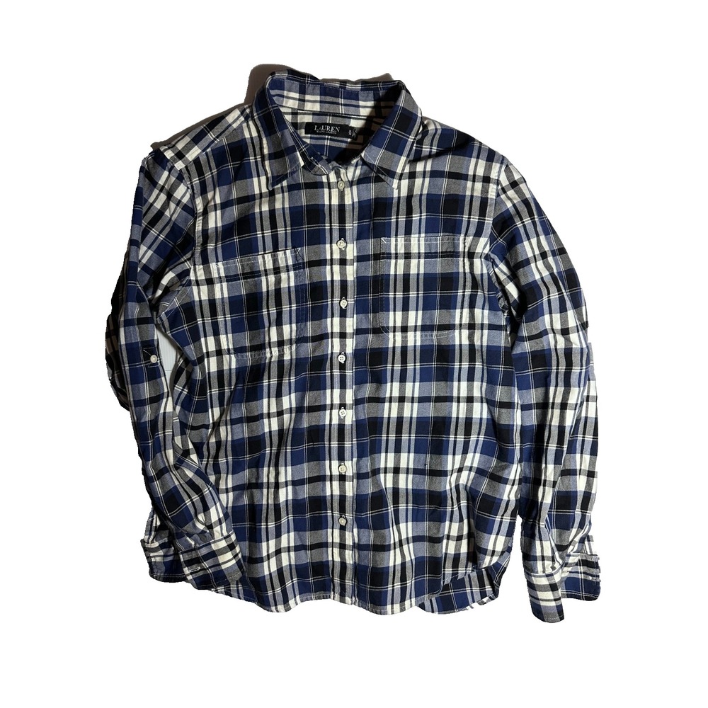 Lauren Ralph Lauren Womens XL Flannel Shirt Blue Plaid Cotton Button Up Roll Tab